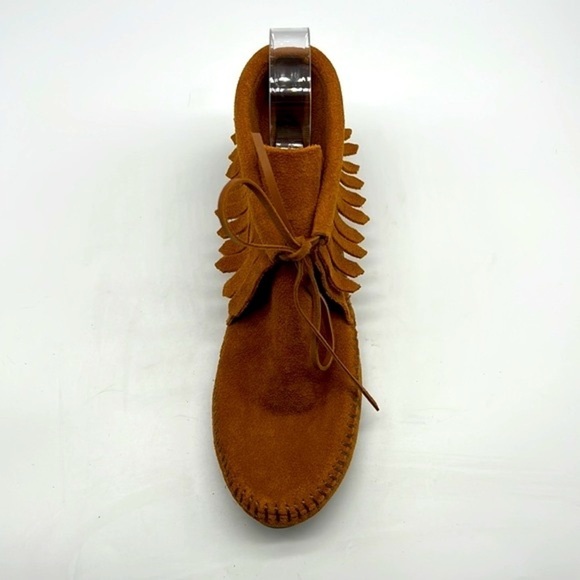 Minnetonka - Brown Suede Fringe Ankle Boot Moccasins With Suede Tie Size 6.5 - Picture 10 of 15